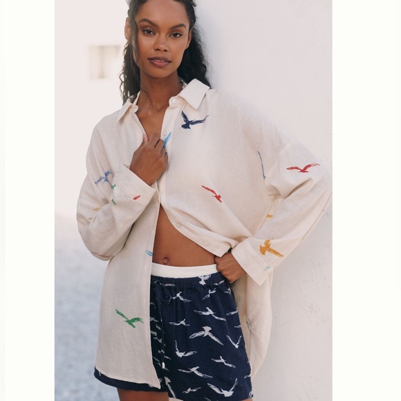 🐦 ANTHROPOLOGIE Celandine Linen Blend Drawstring Shorts Navy Blue w/ Bird Print - Picture 3 of 15